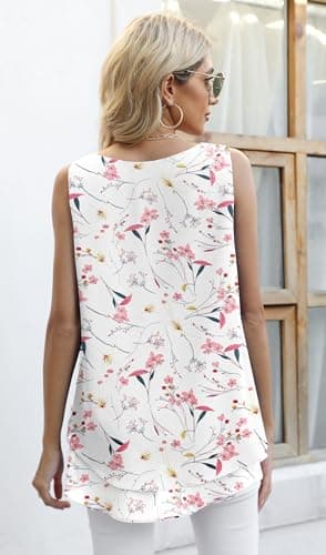 Jouica Summer Sleeveless Blouses for Women Business Casual Chiffon Tank Tops Flowy Loose Blouses,FenHua White,Medium - Image 5