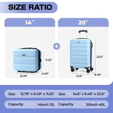 AnyZip Carry On Luggage 2PCS Luggage Set PC ABS Hardshell Lightweight Suitcase TSA Lock with 4 Spinner Wheels(14/20, Light Blue) - Image 3