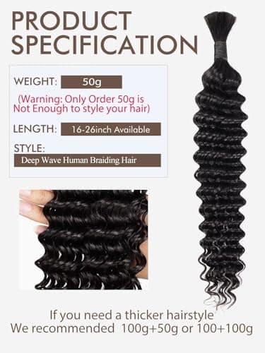 Human Braiding Hair 1 Bundle 50g 24 Inch Deep Water Wave Bulk Human Hair for Braiding No Weft 12A Brazilian Virgin Curly Human Hair Extensions for Boho Braids Wet and Wavy Human Hair Braiding Hair - Image 2