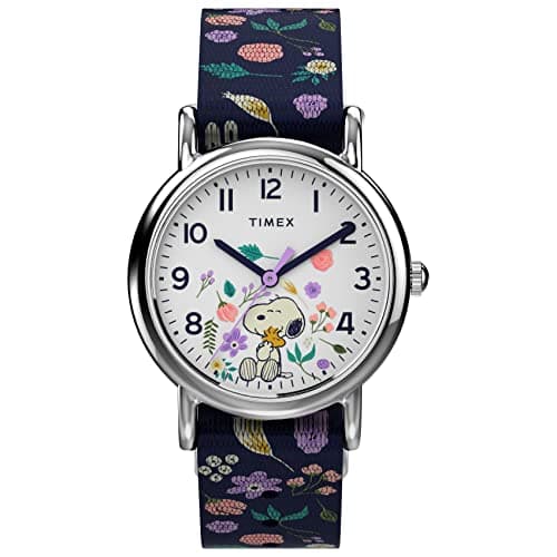 Timex Womens Watch Peanuts Weekender Casual Ladies Wristwatch - Featuring Snoopy and Woodstock in a Floral Motif, Silver-Tone Case with Blue Fabric Strap (31mm) - Image 1