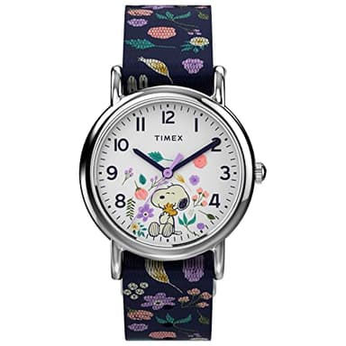 Timex Womens Watch Peanuts Weekender Casual Ladies Wristwatch - Featuring Snoopy and Woodstock in a Floral Motif, Silver-Tone Case with Blue Fabric Strap (31mm) - Image 1