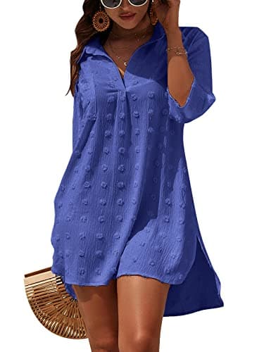 Blooming Jelly Womens Bathing Suit Coverups White Swiss Dot Beach Swim Cover Up Shirt Dress(Large,sapphire blue) - Image 1