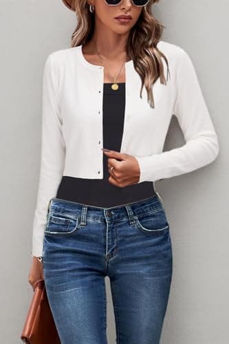 Newshows White Cardigan for Women Fall Lightweight 2025 Long Sleeve Crew Neck Button Down Knit Business Bolero Shrug Sweaters Cropped Clothes(White, Small) - Image 10