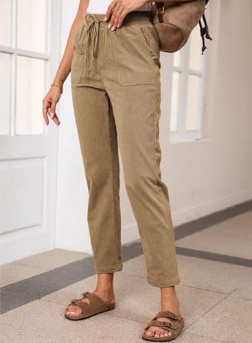 EVALESS Corduroy Pants for Women Petite Casual Drawstring Elastic High Waist Straight Leg Pants Fall Winter 2025 Loose Comfy Trousers with Pockets Khaki Small - Image 3