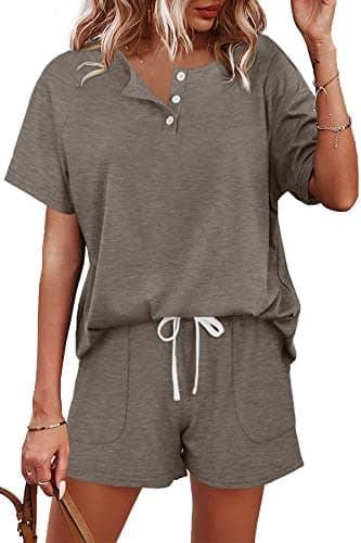 WIHOLL Womens Loungewear Set 2 Piece Outfits Tshirts Shorts for Summer Khaki L - Image 1
