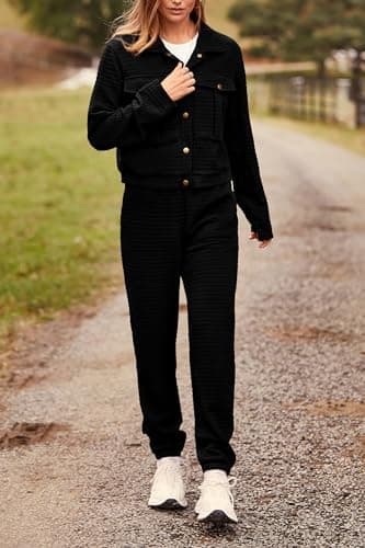 PRETTYGARDEN Womens Two Piece Sets Fall 2025 Long Sleeve Button Down Shacket Jacket Long Sweatpants Tracksuit Winter Clothes (Black,Large) - Image 3