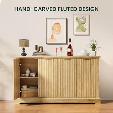 OLILAWN 55" Oak Fluted Sideboard Buffet Cabinet with Storage, Large Buffet Cabinet with 4 Doors, Wood Mid Century Modern Sideboard for Kitchen and Living Room - Image 8