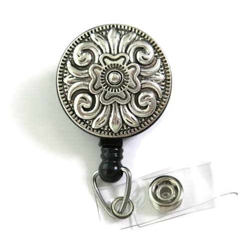 Silver Concho Badge Reel, Antique Silver Concho Bolo Badge, Concho Flower Retractable ID Badge Reel, Concho Badge Holder, Stylish Concho Nurse Badge ID Holder - Image 1