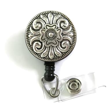 Silver Concho Badge Reel, Antique Silver Concho Bolo Badge, Concho Flower Retractable ID Badge Reel, Concho Badge Holder, Stylish Concho Nurse Badge ID Holder - Image 1