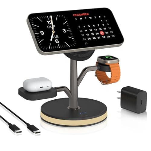 3 in 1 Charging Station for Apple Devices, Fast Charging Magsafe Charger Stand with LED Light and 20W PD Adapter, Wireless Nightstand Charger for iPhone16/15/14/13/12 Series& AirPods& iWatch and More