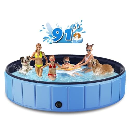 Foldable Dog Swimming Pool, Totiro 91"x16" Oversize Collapsable Hard Plastic Portable Bathing Tub for Pet Dog Kiddie Pool Indoor and Outdoor Leakproof PVC Play Pool for Large Dogs Pets Puppy Kids Blue - Image 1