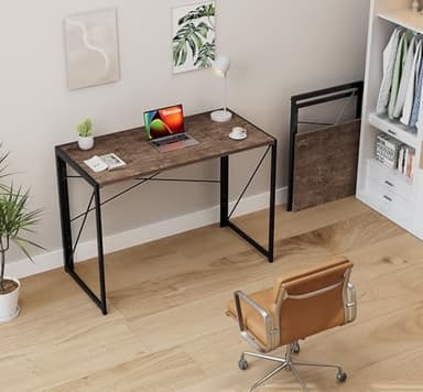 Coavas Folding Desk No Assembly Required, 39.4 inch Writing Computer Desk Space Saving Foldable Table Simple Home Office Desk,Brown - Image 2