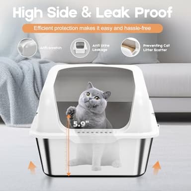 Enclosed Stainless Steel Cat Litter Box with Lid Extra Large Litter Box for Big Cats XL Metal Litter Pan Tray with High Wall Sides Enclosure, Non-Sticky, Anti-Leakage, Easy Cleaning (White) - Image 3
