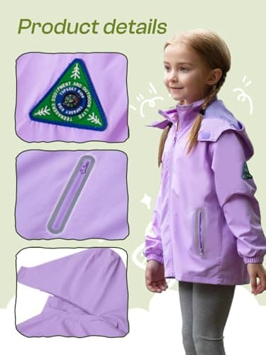 SaphiRose Kids Rain Jacket Waterproof Raincoat Mesh Lined Coat with Removable Hood for Boys Girls (Purple,10-12 years) - Image 3