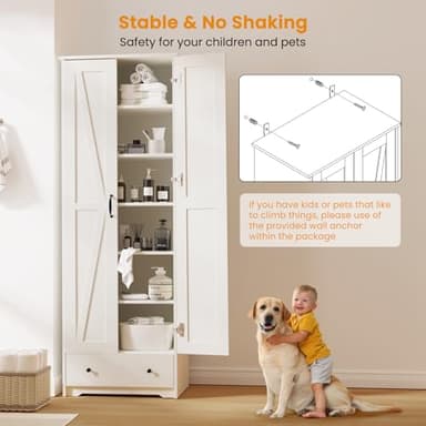 Teekyooly 70" Farmhouse Kitchen Pantry Cabinet, Tall Large Wood Storage Cabinet with 6 Adjustable Shelves, 2 Barn Doors & Drawer for Bathroom, Dining Room, Antique White - Image 7