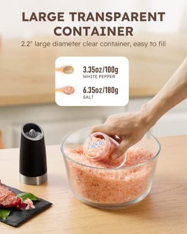 Sangcon Gravity Electric Salt and Pepper Grinder Set Automatic Shakers Mill Grinder with LED Light, BATTERY POWERED Adjustable Coarseness One Hand Operation, Upgraded Larger Capacity - Image 7