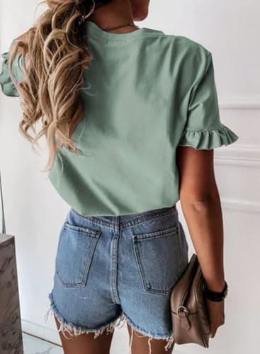 PRETTYGARDEN Women's Short Sleeve Casual T Shirts Summer Ruffle Plain Round Neck Loose Fit Tee Blouse Tops (Green,S) - Image 2