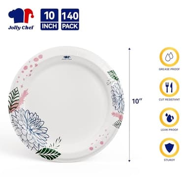 JOLLY CHEF ๐ญ๐ฐ๐ฌ ๐๐ผ๐๐ป๐ ๐ฃ๐ฎ๐ฝ๐ฒ๐ฟ ๐ฃ๐น๐ฎ๐๐ฒ๐ ๐ญ๐ฌ ๐ถ๐ป๐ฐ๐ต Soak Proof, Cut Proof, Heavy Duty Flower Printed Disposable Paper Plates for Everyday Use - Image 3
