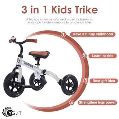 YGJT 3 in 1 Tricycle for Toddlers Age 2-5 Years Old, Folding Kids Balance Bike with Adjustable Seat and Removable Pedal, Toddler Bike Ride-on Toys for Infant, Gifts for Baby Boys Girls Birthday - Image 3