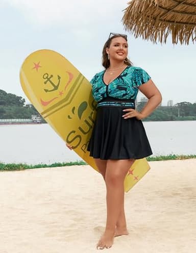 Arolina Women Plus Size Bathing Suit Curvy Swimsuits Swim Dress Tummy Control Big Busted with Boyshorts (Green, 18W) - Image 2