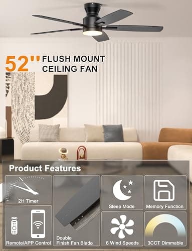 Ohniyou Ceiling Fans with Lights, 52'' Low Profile Ceiling Fan with Light and Remote/APP Control, Modern Flush Mount Ceiling Fan for Indoor Bedroom Living Room, Dimmable, Qiuet DC Motor, Black - Image 4