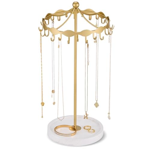 Lolalet Rotating Necklace Holder Stand with Metal Hooks, Spinning Display Carousels, Freestanding Organizer Hanger, for Long Necklaces Chains -Gold - Image 1