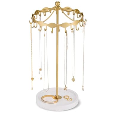 Lolalet Rotating Necklace Holder Stand with Metal Hooks, Spinning Display Carousels, Freestanding Organizer Hanger, for Long Necklaces Chains -Gold - Image 1