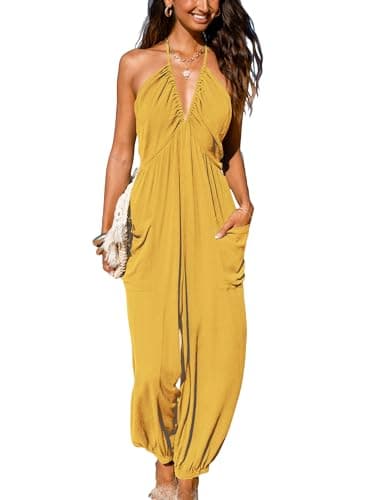 CUPSHE Women's Jumpsuit Halter Sleeveless Pleated Long Romper Knit Jogger Maxi Jumpsuit with Pockets Yellow, XXL - Image 1