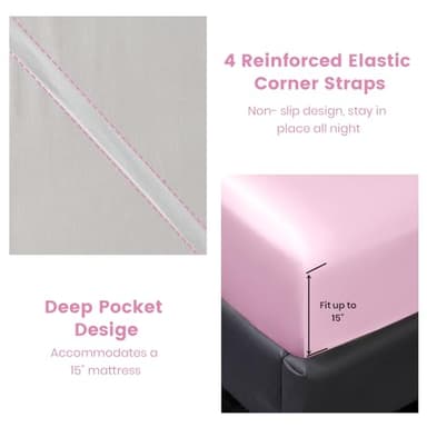 Revdomfly 4 Pcs Full Size Luxury Silky Soft Pink Satin Sheet Set,1 Premium Moisture Wicking Fitted Sheet Fits Up to 16 Inches Deep Pocket + 1 Flat Sheet + 2 Pillowcases(Pink, Full) - Image 8