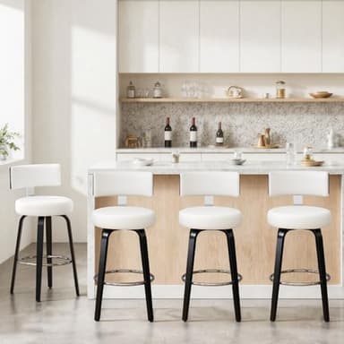 Bekrvio Swivel Counter Height Bar Stools Set of 4, 26” Seat Height Island Chairs Modern Kitchen Stools for Kitchen Counter, Faux Leather Upholstered Barstools with Back, Black Wood Legs and White Seat - Image 7