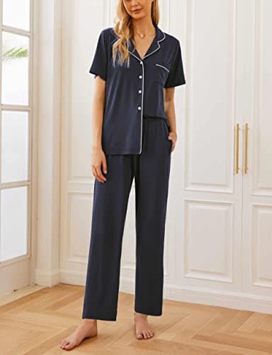 Ekouaer Women Pajamas Set Button Down Sleepwear Short Sleeve Nightwear with Long Pants Soft Pjs Set S-XXL Navy Blue M - Image 2