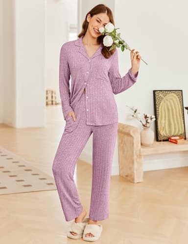 Ekouaer Womens Ribbed Knit Pajama Sets 2 Piece Lounge Set Long Sleeve Button Down Pjs Sleepwear Set with Pockets Purple Pink X-Large - Image 2