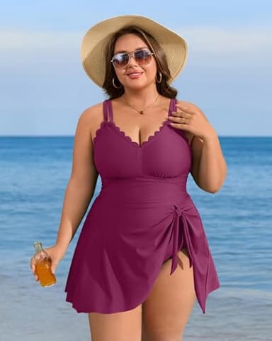 Charmo Plus Size Swimsuit for Women Swim Dress Scalloped One Piece Tummy Control Bathing Suit Ruched Swim Suits 2025 Fuchsia 2X - Image 7