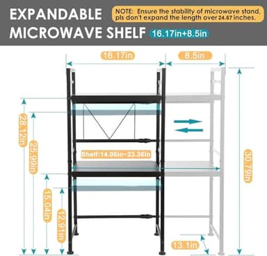 DOLALIKE Microwave Oven Rack, Expandable Microwave Stand Countertop Kitchen Utensils Tableware Storage, Carbon Steel Over Microwave Shelf Countertop with 3 Hooks - Image 2