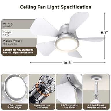 MOTCTQVD Ceiling Fans with Lights and Remote, Ceiling Fan Light 3000K-6000K 3 Colors Dimmable, Ceiling Fan, 1000 Lumens LED Ceiling Fans for Bedroom Garage Kitchen - Image 6