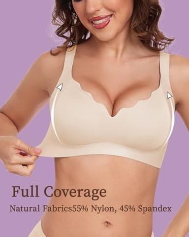 Quttlzze Scalloped Lift Bras for Women No Underwire Buttery Soft Push Up Wireless Bras V Neck Seamless Bralettes Beige,L - Image 3