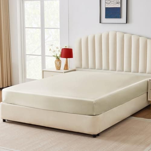 CozyLux Satin Fitted Sheet Queen Size, Beige Silky Satin Bed Fitted Sheet Only with Silky Microfiber, Deep Pocket, Single Bottom Sheet Sold Separately, Breathable, Smooth and Soft - Image 1