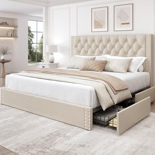 LARMACE King Size Bed Frame with 4 Storage Drawers and Tufted Headboard Linen Upholstered Platform Bed Frame with Heavy Duty Wood Slats, No Box Spring Needed, Easy Assembly, Beige - Image 1