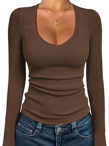 iGENJUN Women Long Sleeve V Neck Shirts for Women Business Casual Work Top Knit Slim Fit for Fall,XL, Brown - Image 1