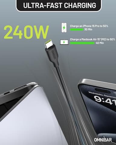 Omnibar Silicone USB C to USB C Cable (6FT, Black), 240W USB C Fast Charging Cable, USB Type C Charger Cord for iPhone 16 15 Samsung S25 S24 iPad MacBook Pro Laptop Tablet Switch Steam Deck PS5 GoPro - Image 3
