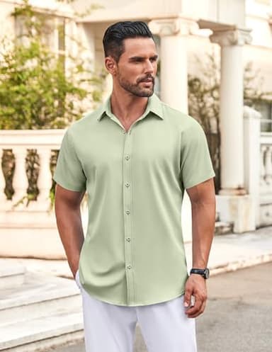 COOFANDY Men's Untucked Wrinkle Free Shirt Casual Short Sleeve Button Down Shirts, Light Green, X-Large - Image 3