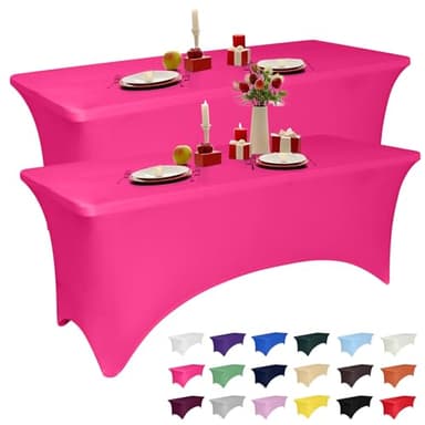 2 Pack 6 Feet Fuchsia Spandex Tablecloth for Rectangular Tables, Fitted & Stretch, Washable, Wrinkle Resistant, Perfect for Event, Wedding, Party, Banquet, Cocktail, Festival, and Table Protector - Image 1