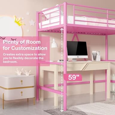 VECELO Loft Bed Twin Size, Metal Bedframe with Removable Ladder and Safety Guardrail, No Box Spring Needed, Space Saving, Noise Free, Pink - Image 4