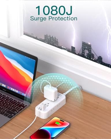 Extension Cord 15 ft - Power Strip Surge Protector, Flat Plug with 6 AC Outlet Extender 3 USB Ports (2 USB-C), 1080J, Multi Plug Outlets Desktop Charging Station for Home College Dorm Room Essentials - Image 8