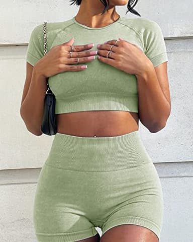 OLCHEE Womens Workout Sets 2 Piece - Seamless Acid Wash Yoga Outfits Leggings Shorts and Crop Top Matching Gym Activewear Athletic Clothing Set - Green Large - Image 4