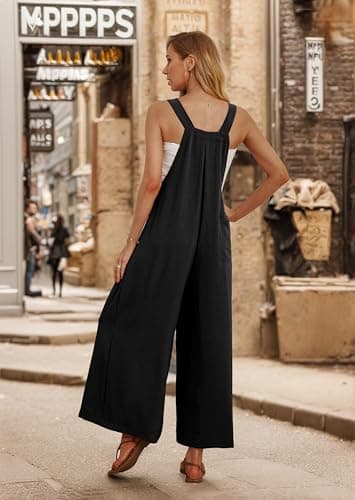 IWOLLENCE Women's Summer Jumpsuits Boho Wide Leg Overalls Casual Loose Rompers with Pockets 2024 Black Small - Image 2