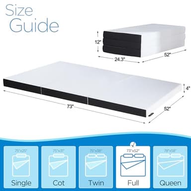Roxzo 4-inch Full Size Memory Foam Trifold Mattress with Washable Fabric Cover, Foldable Floor Mattress for Camping & Guest Beds, 73x52x4 inches - Image 2