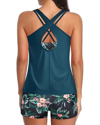 Holipick Green and Flower 3 Piece Tankini Swimsuits for Women Tummy Control Bathing Suits Swim Tank Top with Bra Boy Shorts Teen Swimwear M - Image 4