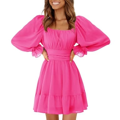 EXLURA Women's 2025 Casual Long Lantern Sleeve Dresses Square Neck Ruffle Tie Back Elastic Waist Aline Short Mini Dress Hot Pink - Image 1