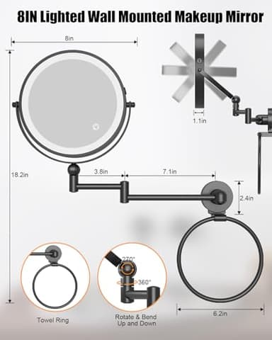 TOLOYE Height Adjustable Wall Mounted Makeup Mirror, Rechargeable Lighted Makeup Mirror 8 Inch Double Sided 1X/10X Magnifying Vanity Mirror with 3 Color Lights Dimmable 360 Swivel Extendable Arm - Image 7
